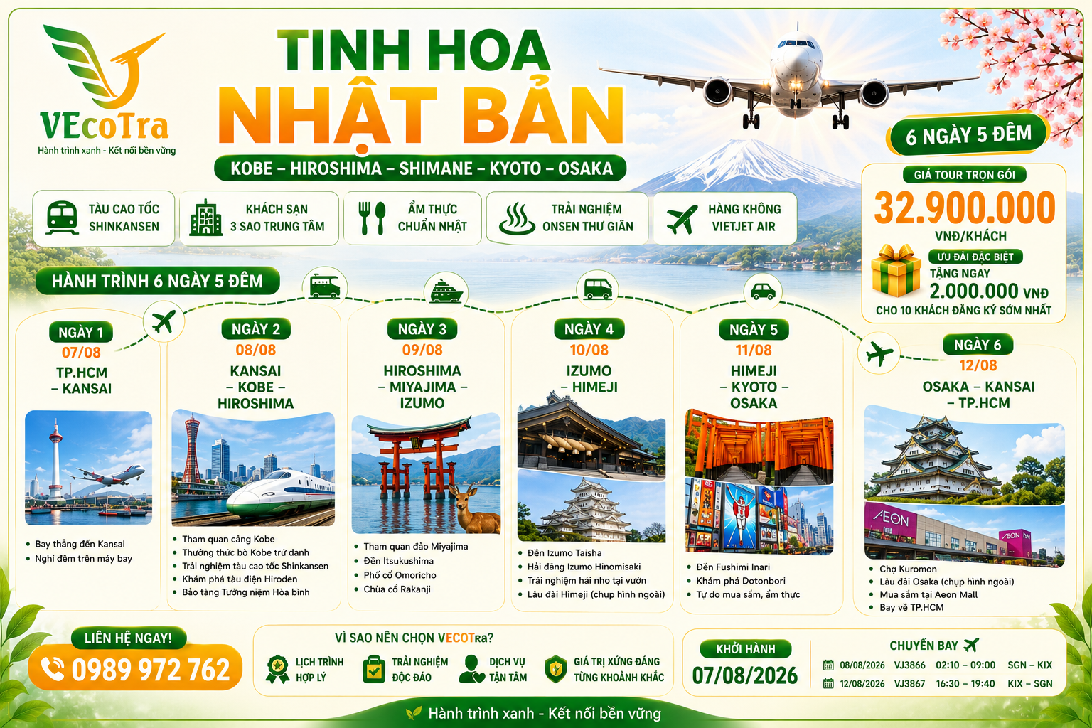 [Tour Nhật Bản 6N5D] Kobe – Hiroshima - Shimane – Kyoto – Osaka