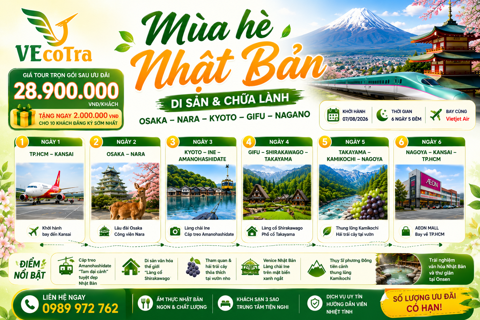 [Tour Nhật Bản 6N5D] Hương mùa hè Nhật Bản: Osaka - Nara - Kyoto - Gifu - Nagano
